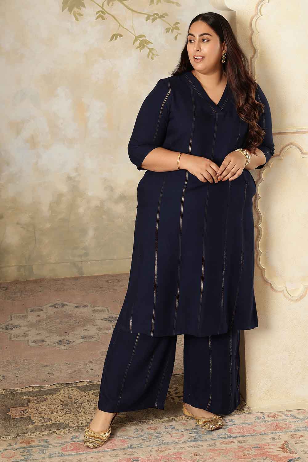 Plus Size Navy Blue Golden Pin Striped Kurta Coord Set
