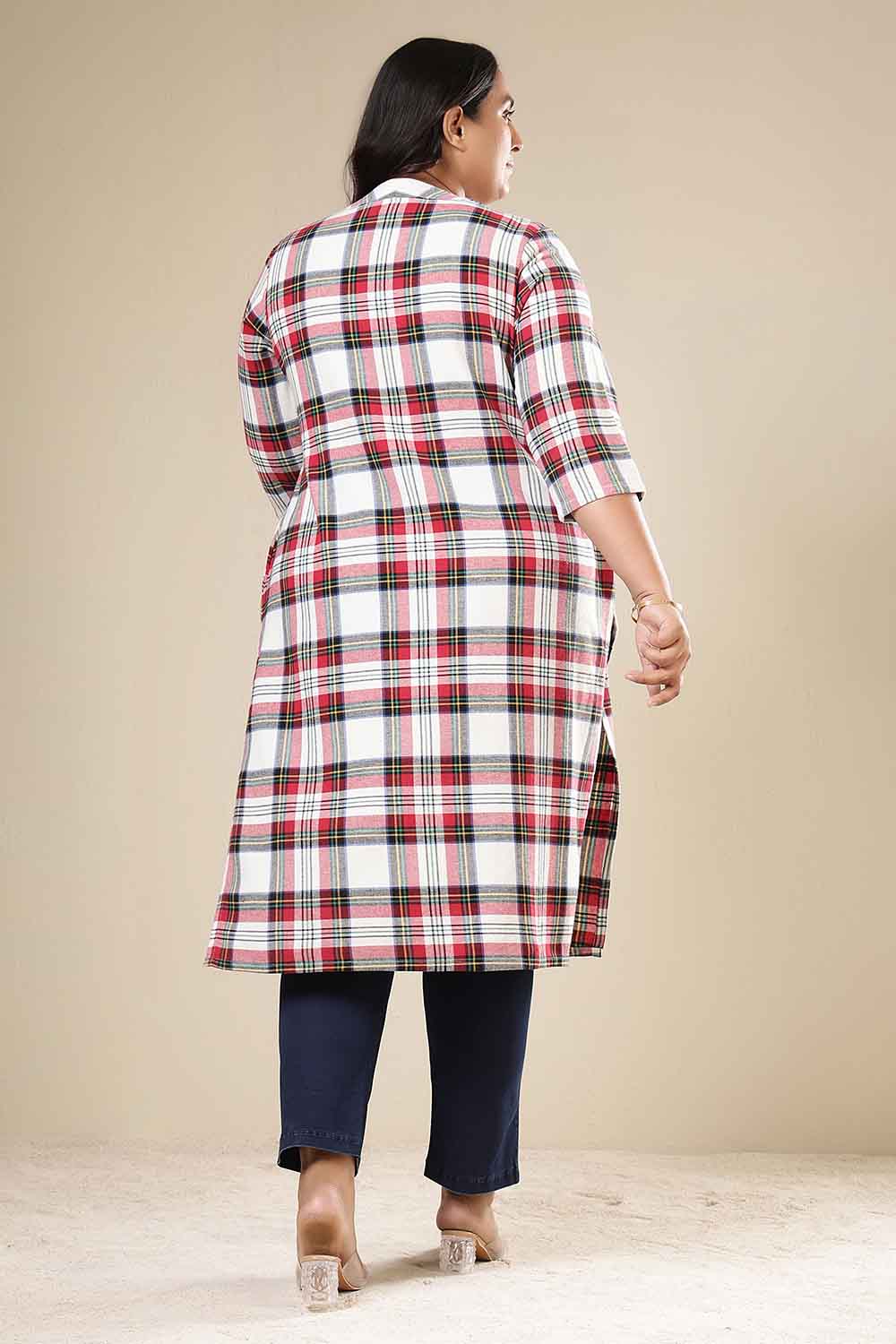 Plus Size Red & White Checkered Cotton Flannel V Neck Kurta