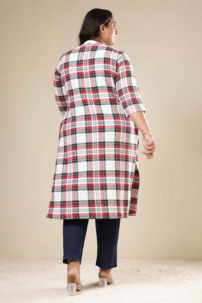 Plus Size Red & White Checkered Cotton Flannel V Neck Kurta