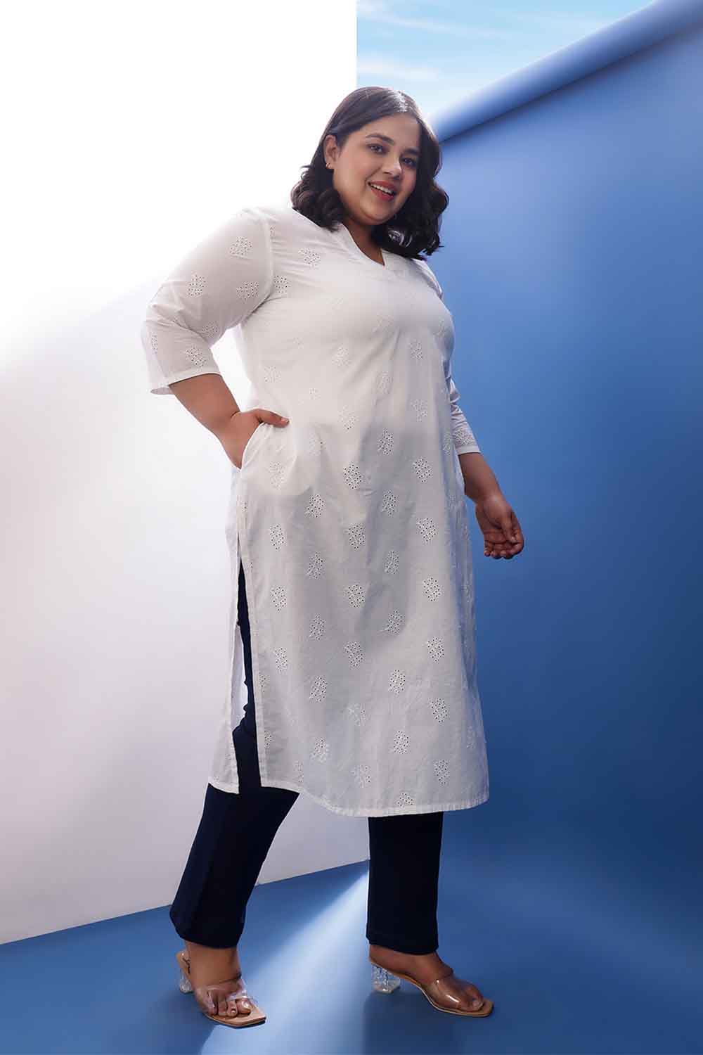 Plus Size White Cotton Schiffli V Neck Kurta for Women