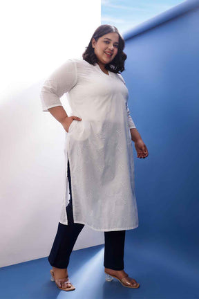 Plus Size White Cotton Schiffli V Neck Kurta