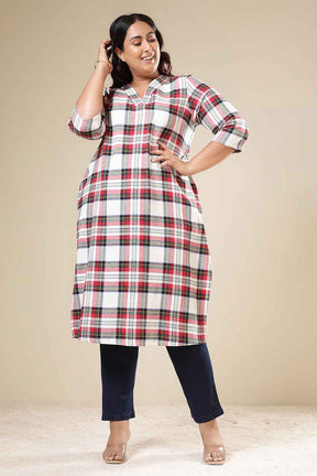 Plus Size Red & White Checkered Cotton Flannel V Neck Kurta