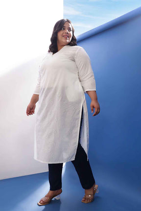 Plus Size White Cotton Schiffli V Neck Kurta