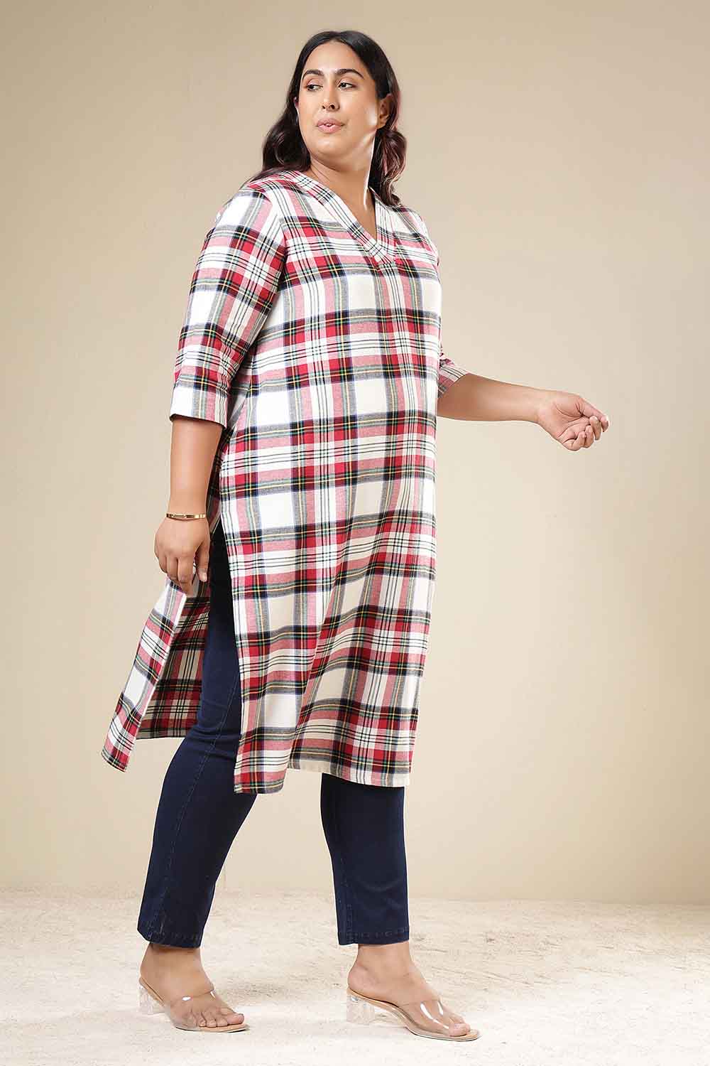 Plus Size Red & White Checkered Cotton Flannel V Neck Kurta for Women