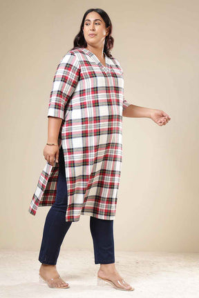 Plus Size Red & White Checkered Cotton Flannel V Neck Kurta