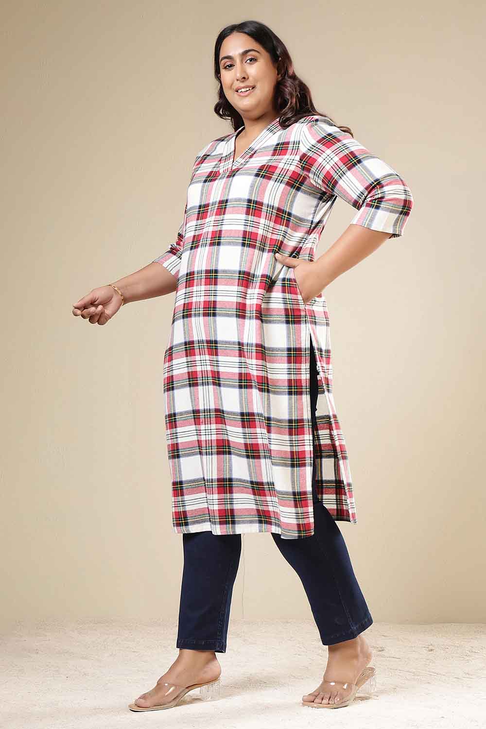Comfortable Plus Size Red & White Checkered Cotton Flannel V Neck Kurta