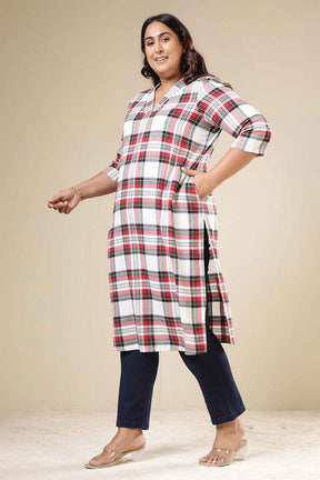 Plus Size Red & White Checkered Cotton Flannel V Neck Kurta