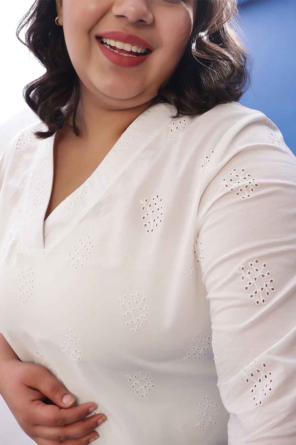 Plus Size White Cotton Schiffli V Neck Kurta