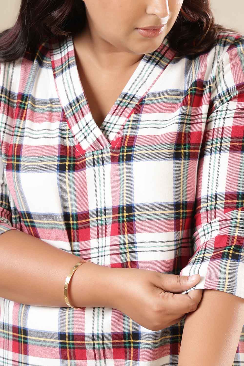 Plus Size Red & White Checkered Cotton Flannel V Neck Kurta