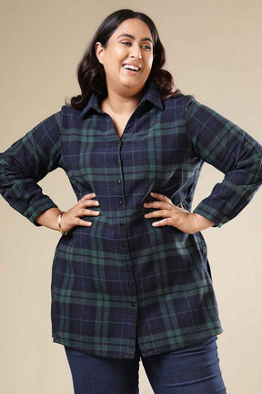 Plus Size Navy & Green Check Cotton Flannel Longline Shirt