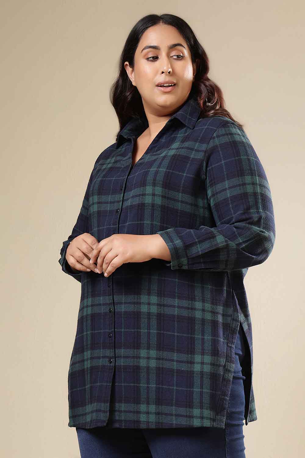 Plus Size Navy & Green Check Cotton Flannel Longline Shirt for Women