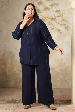 Plus Size Navy Blue Golden Pin Striped Shirt Coord Set