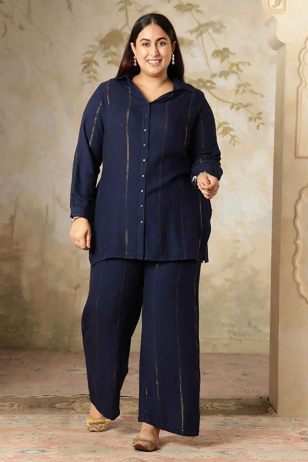 Plus Size Navy Blue Golden Pin Striped Shirt Coord Set