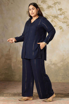 Plus Size Navy Blue Golden Pin Striped Shirt Coord Set