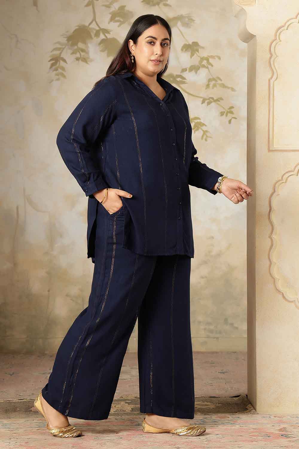 Plus Size Navy Blue Golden Pin Striped Shirt Coord Set for Women