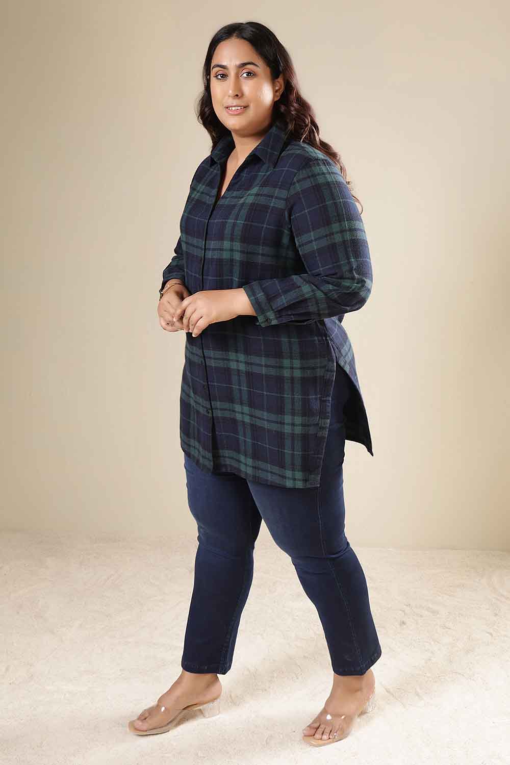 Plus Size Navy & Green Check Cotton Flannel Longline Shirt