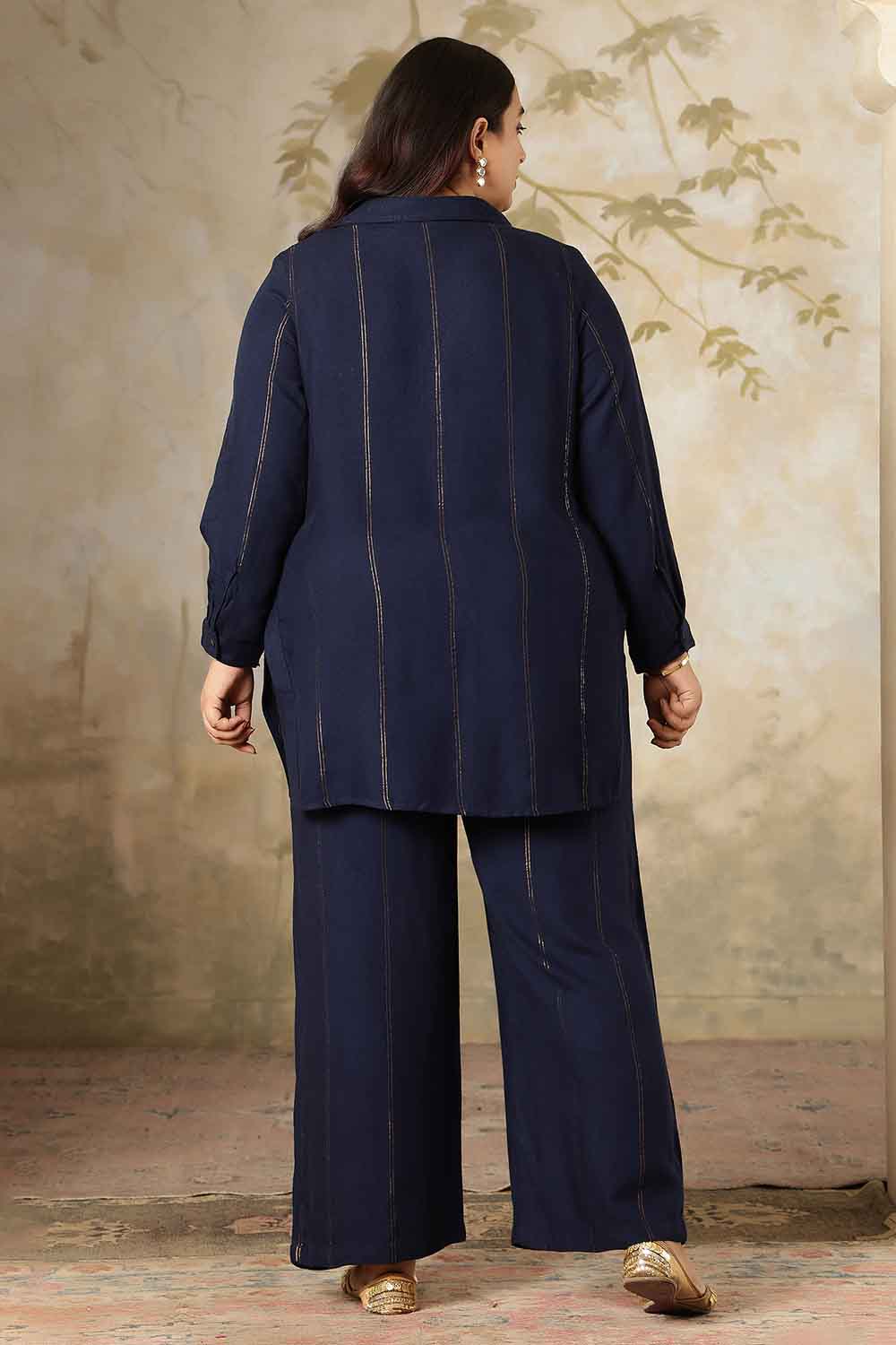 Plus Size Navy Blue Golden Pin Striped Shirt Coord Set