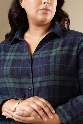 Plus Size Navy & Green Check Cotton Flannel Longline Shirt