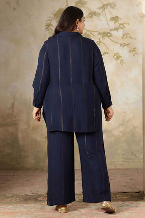 Plus Size Navy Blue Golden Pin Striped Shirt Coord Set