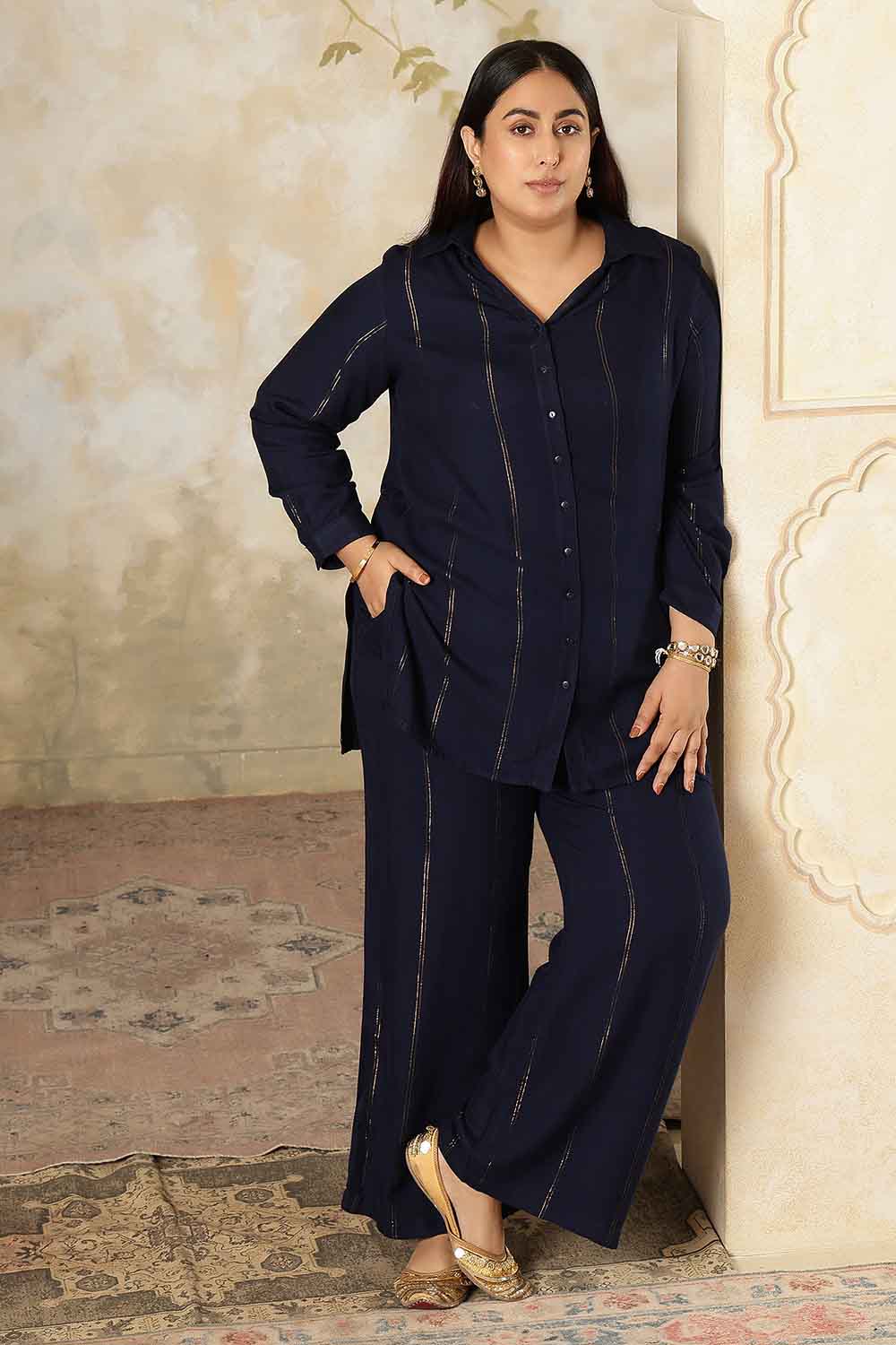 Plus Size Navy Blue Golden Pin Striped Shirt Coord Set