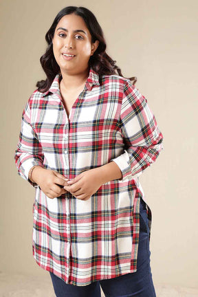 Plus Size Red & White Checkered Cotton Flannel Longline Shirt