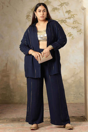 Plus Size Navy Blue Golden Pin Striped Shirt Coord Set