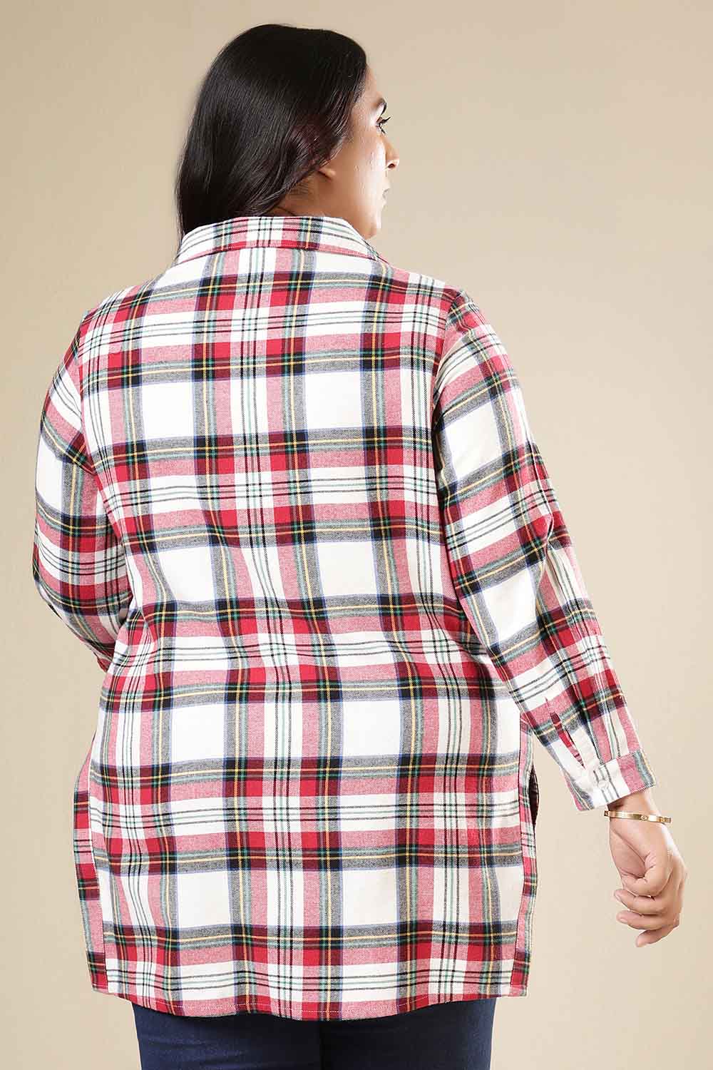 Plus Size Red & White Checkered Cotton Flannel Longline Shirt