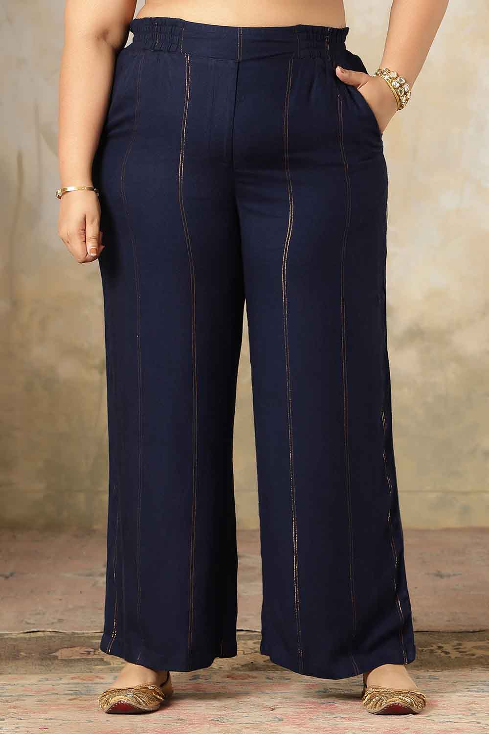 Plus Size Navy Blue Golden Pin Striped Kurta Coord Set