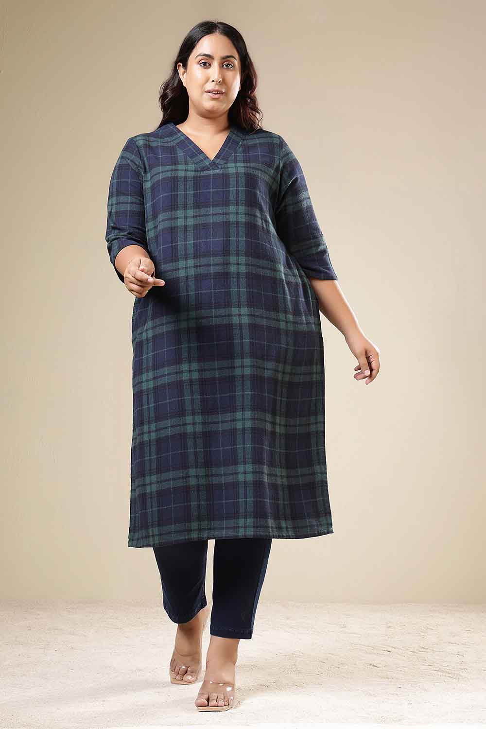 Plus Size Navy & Green Check Cotton Flannel V Neck Kurta