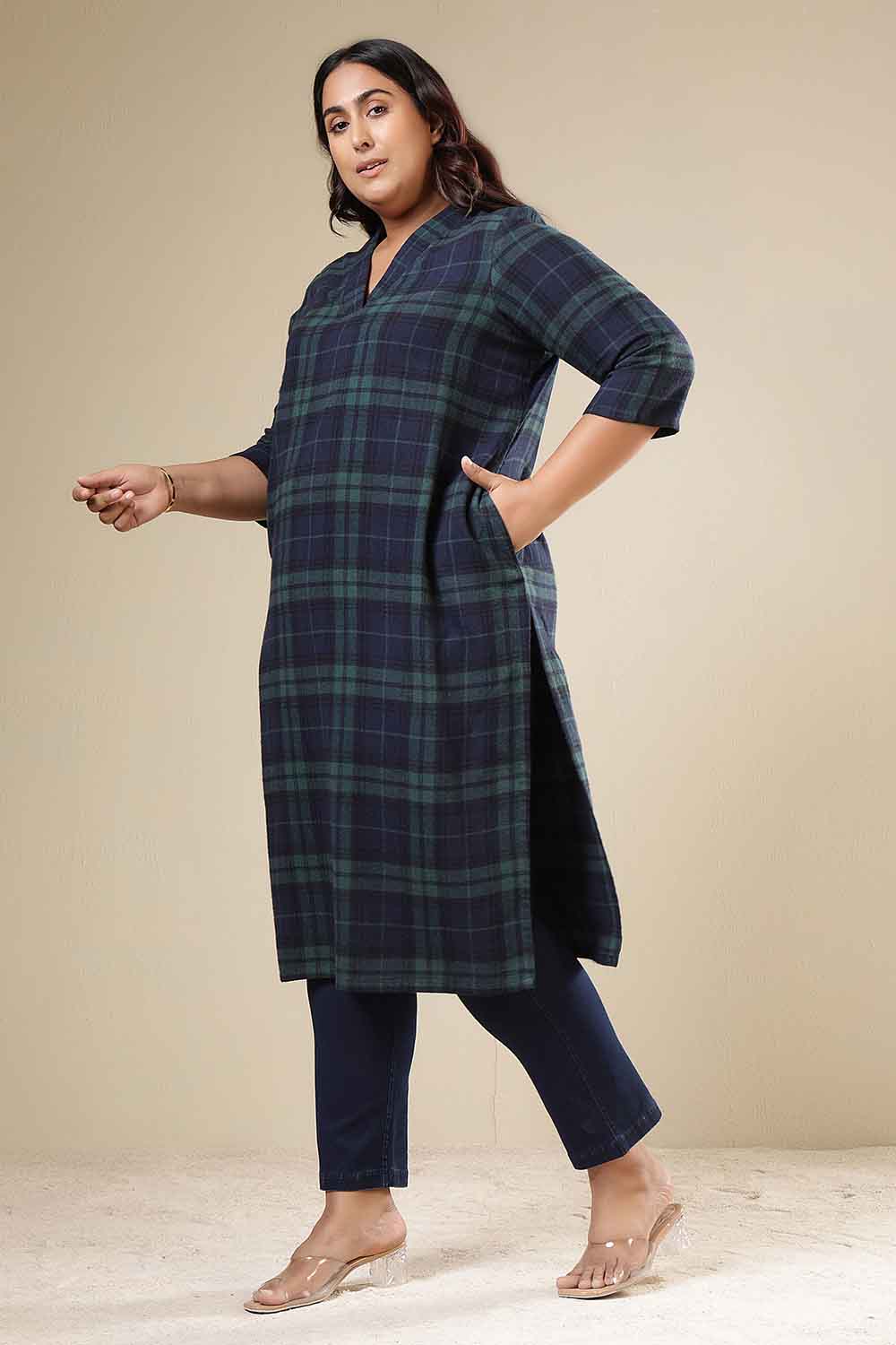Plus Size Navy & Green Check Cotton Flannel V Neck Kurta