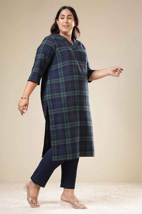 Plus Size Navy & Green Check Cotton Flannel V Neck Kurta