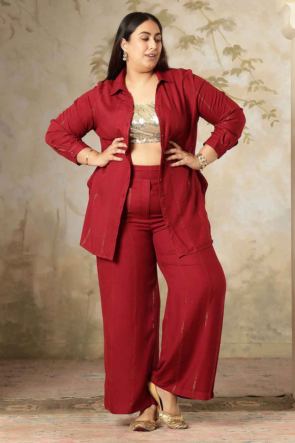 Plus Size Maroon Golden Pin Striped Shirt Coord Set