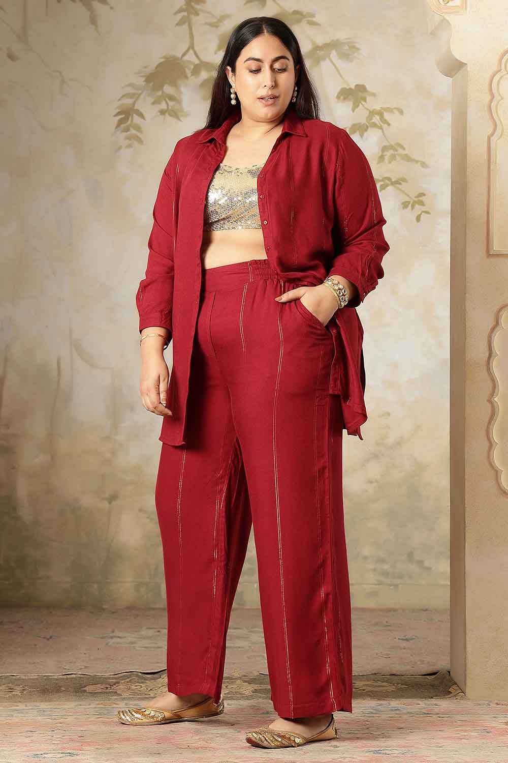 Plus Size Plus Size Maroon Golden Pin Striped Shirt Coord Set