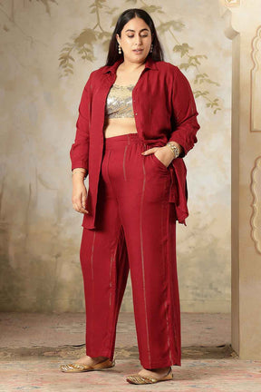 Plus Size Maroon Golden Pin Striped Shirt Coord Set