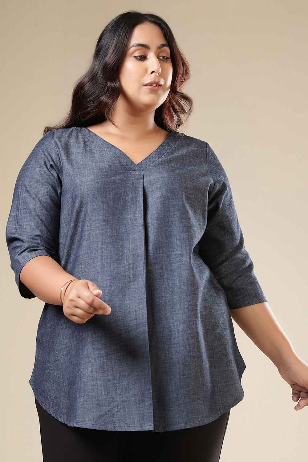 Plus Size Denim Cotton V-Neck Top