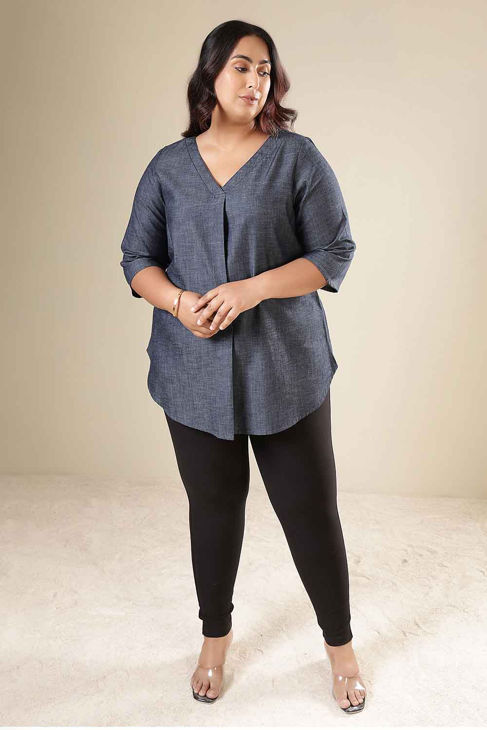 Plus Size Denim Cotton V-Neck Top