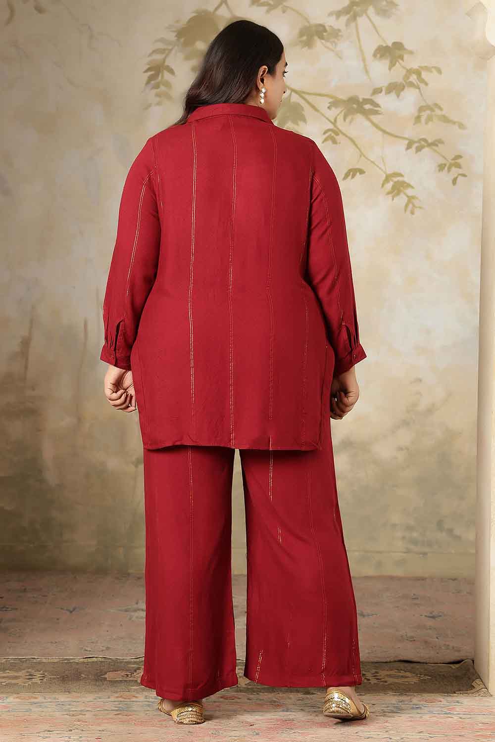 Plus Size Maroon Golden Pin Striped Shirt Coord Set