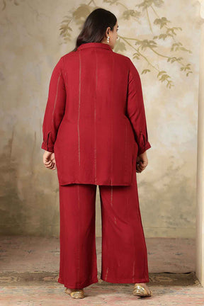 Plus Size Maroon Golden Pin Striped Shirt Coord Set