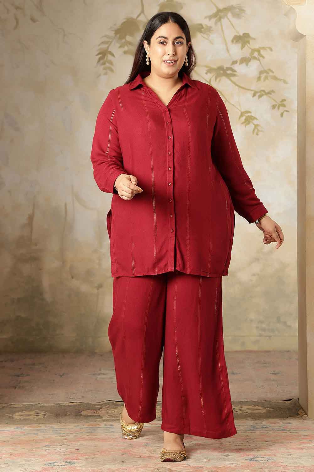 Plus Size Maroon Golden Pin Striped Shirt Coord Set