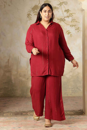 Plus Size Maroon Golden Pin Striped Shirt Coord Set