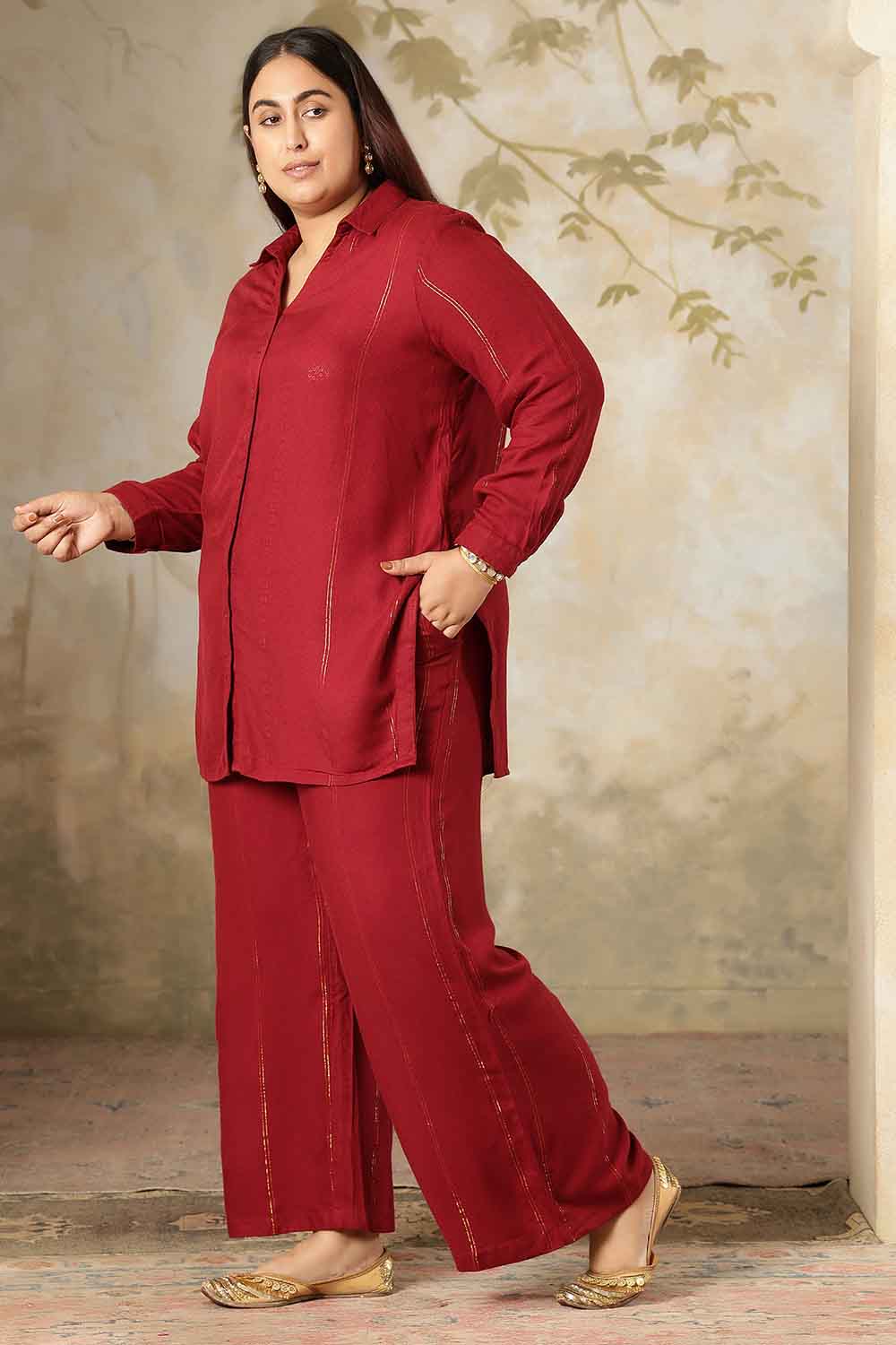 Comfortable Plus Size Maroon Golden Pin Striped Shirt Coord Set