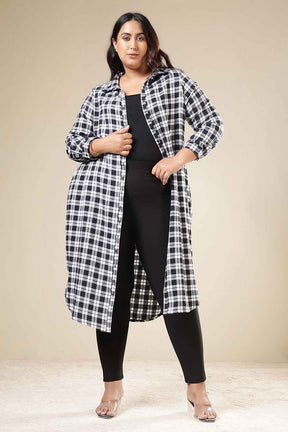 Plus Size Black & White Check Cotton Flannel Shirt Dress