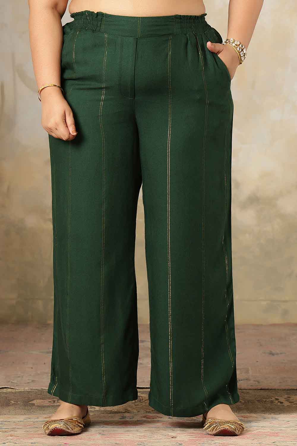 Plus Size Emerald Green Golden Pin Striped Shirt Coord Set