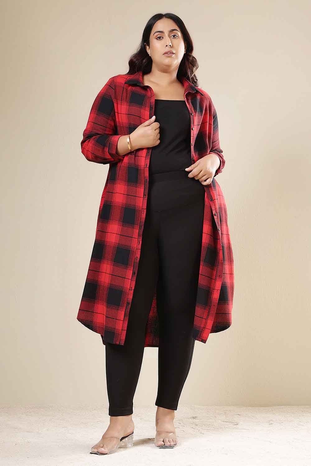 Plus Size Red & Black Check Cotton Flannel Shirt Dress
