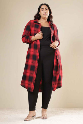 Plus Size Red & Black Check Cotton Flannel Shirt Dress
