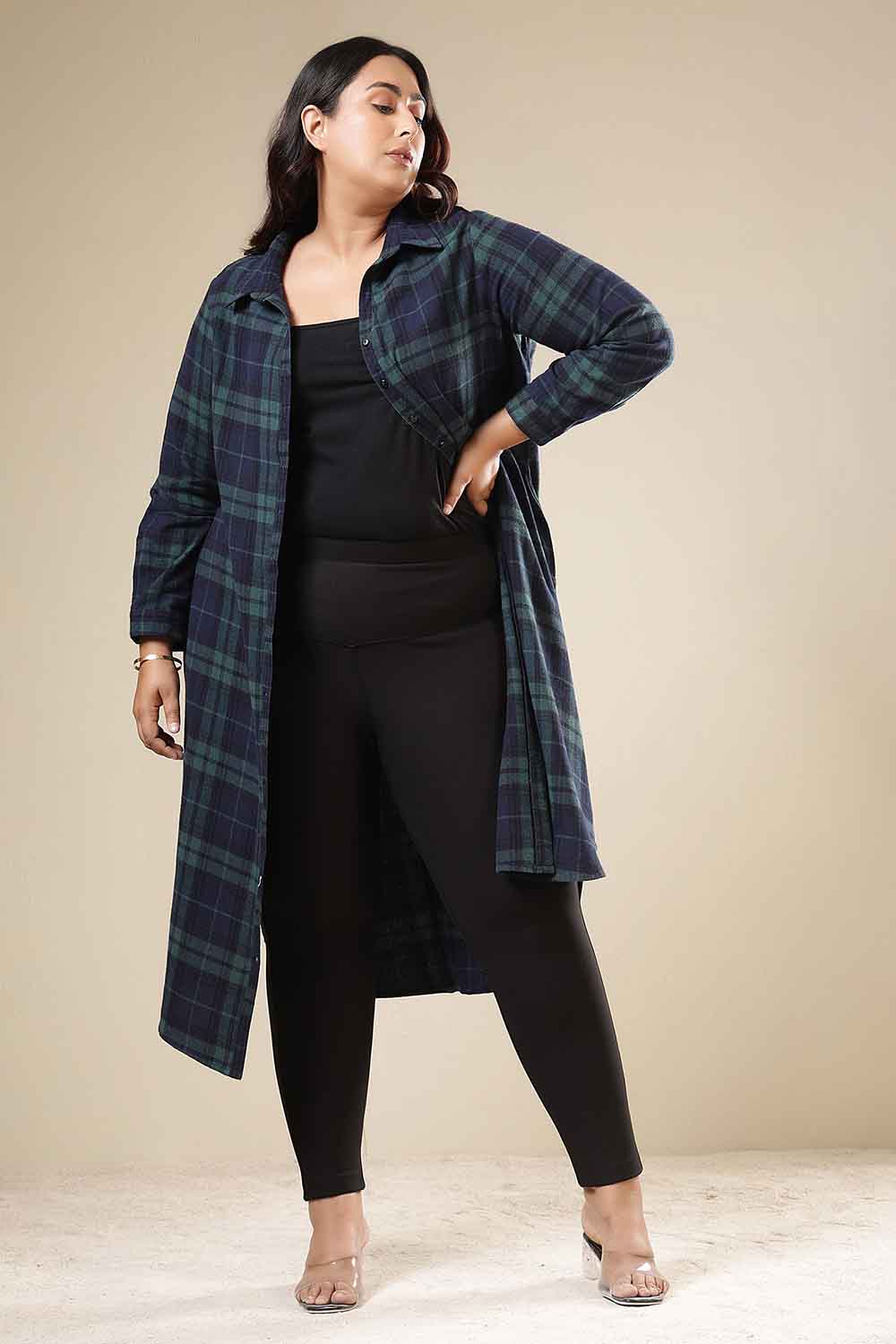 Plus Size Navy & Green Check Cotton Flannel Shirt Dress