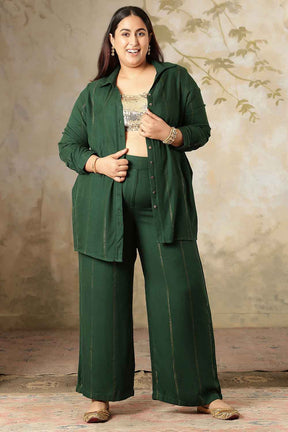 Plus Size Emerald Green Golden Pin Striped Shirt Coord Set