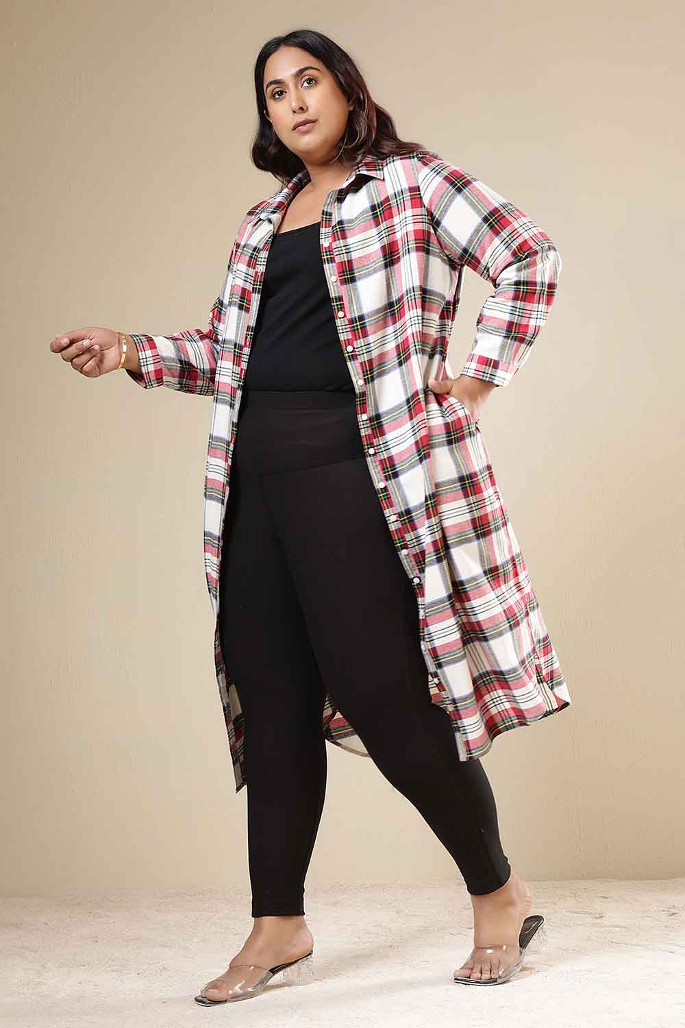 Plus Size Red & White Checkered Cotton Flannel Shirt Dress