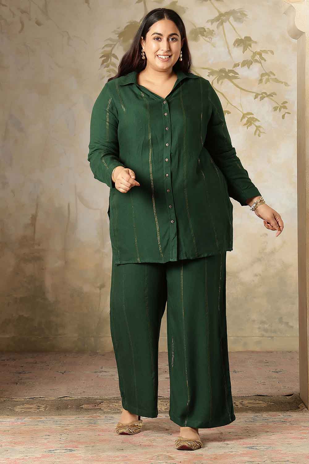 Plus Size Emerald Green Golden Pin Striped Shirt Coord Set