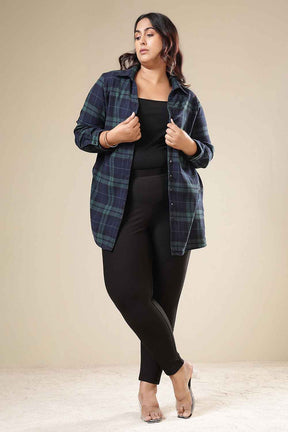 Plus Size Navy & Green Check Cotton Flannel Longline Shirt
